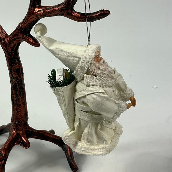 White Fabric Mache Hanging Santa Ornament Rustic Christmas Doll 5.5" Cabincore - Picture 3 of 11